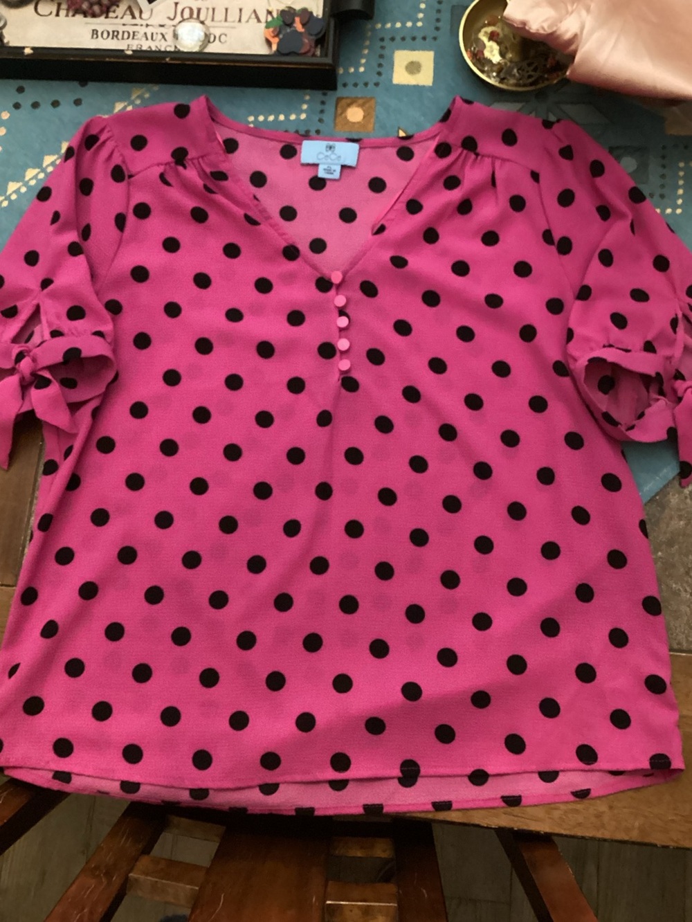 CeCe Polka Dot V-Neck Short Sleeve Blouse - Pink